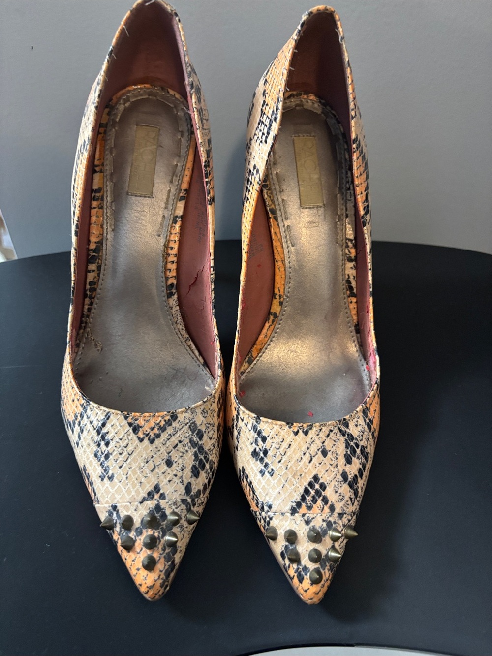 RACHEL Rachel Roy Beige and Black Studded Snake-Print Pointed Pumps
